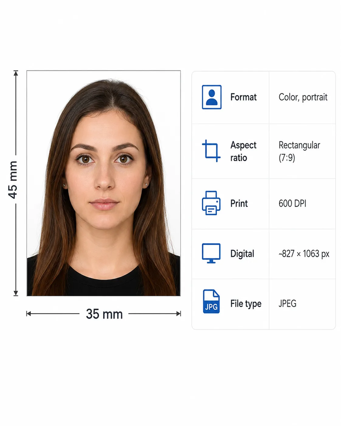 Croatia visa photo example — 35x45 mm, front-facing, neutral expression on a plain white background