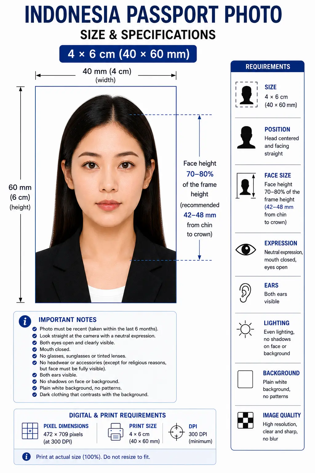 Indonesia passport photo size diagram showing a 4 by 6 cm frame with the face filling 70 to 80 percent of the height on a white background