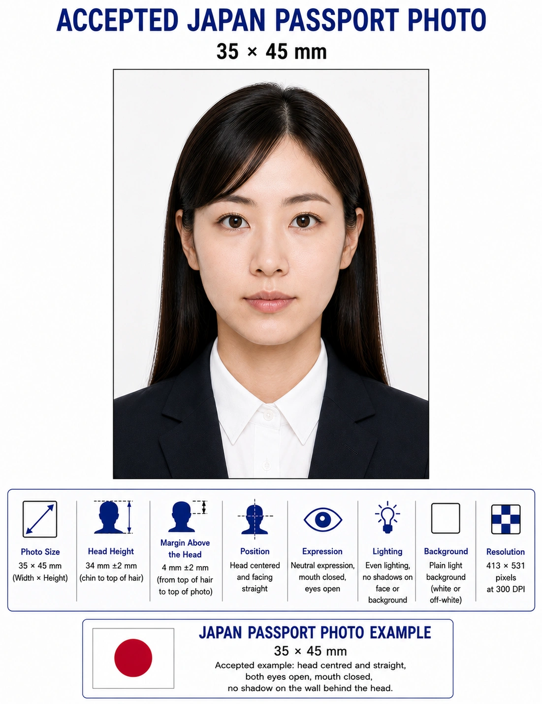 Accepted Japan passport photo example at 35 by 45 mm with a neutral expression, head centred and straight, on an even light background