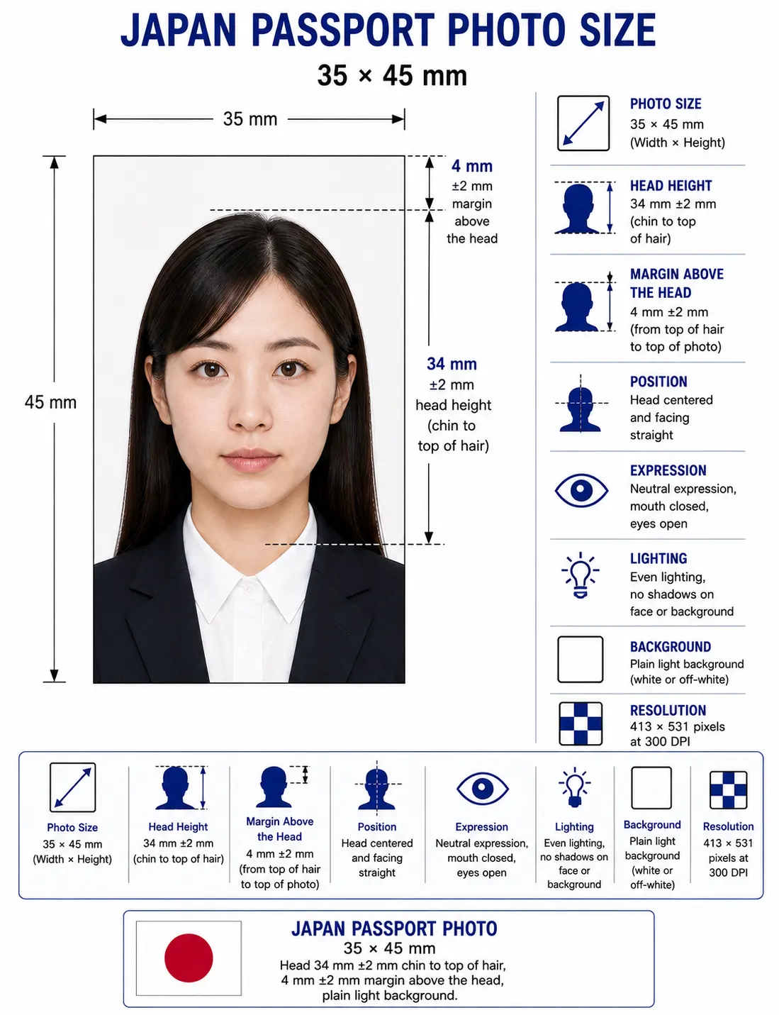 Japan passport photo size diagram showing a 35 by 45 mm frame with a 34 mm head height and a 4 mm margin above the head