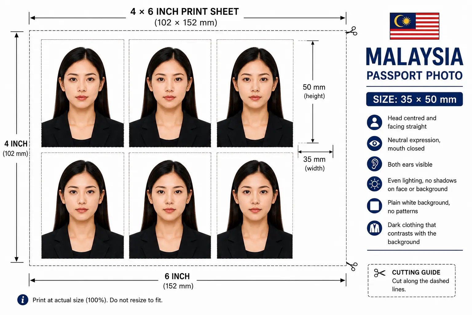 Six 35 by 50 mm Malaysian passport photos arranged in a two by three grid on a 4 by 6 inch print sheet with dashed cut lines