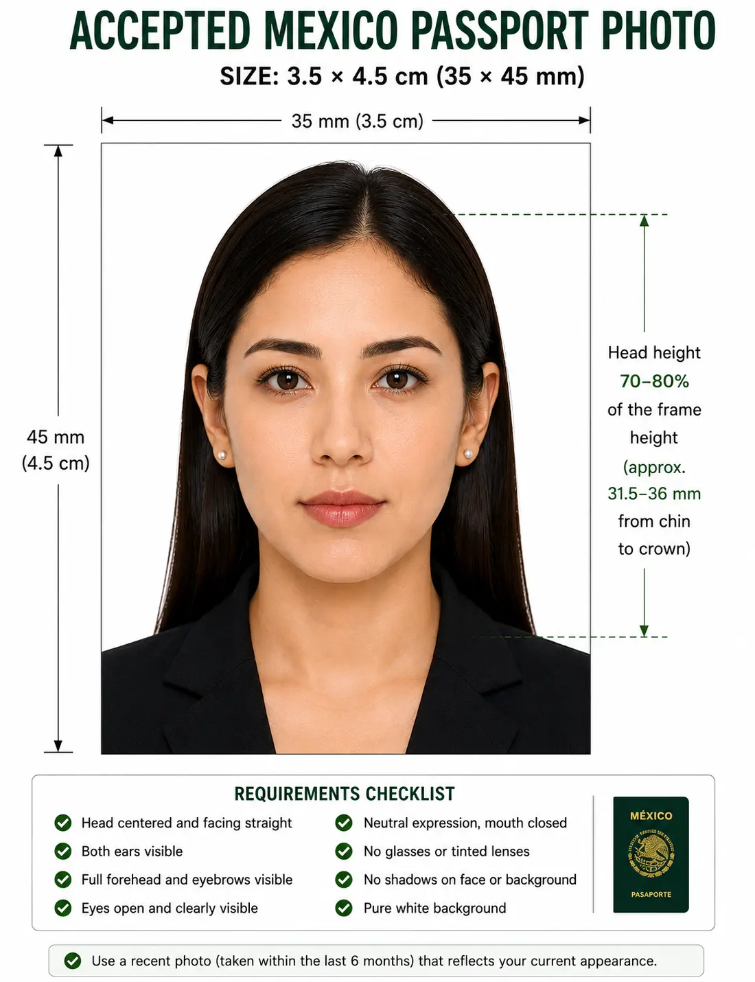 Accepted Mexico passport photo example with both ears and the full forehead visible, no glasses and an even pure white background
