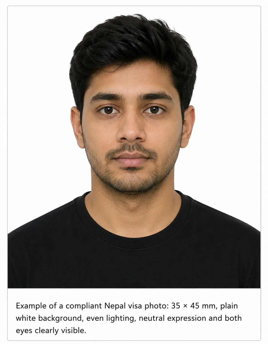 Nepal visa photo example — 35x45 mm, plain white background, neutral expression, front-facing