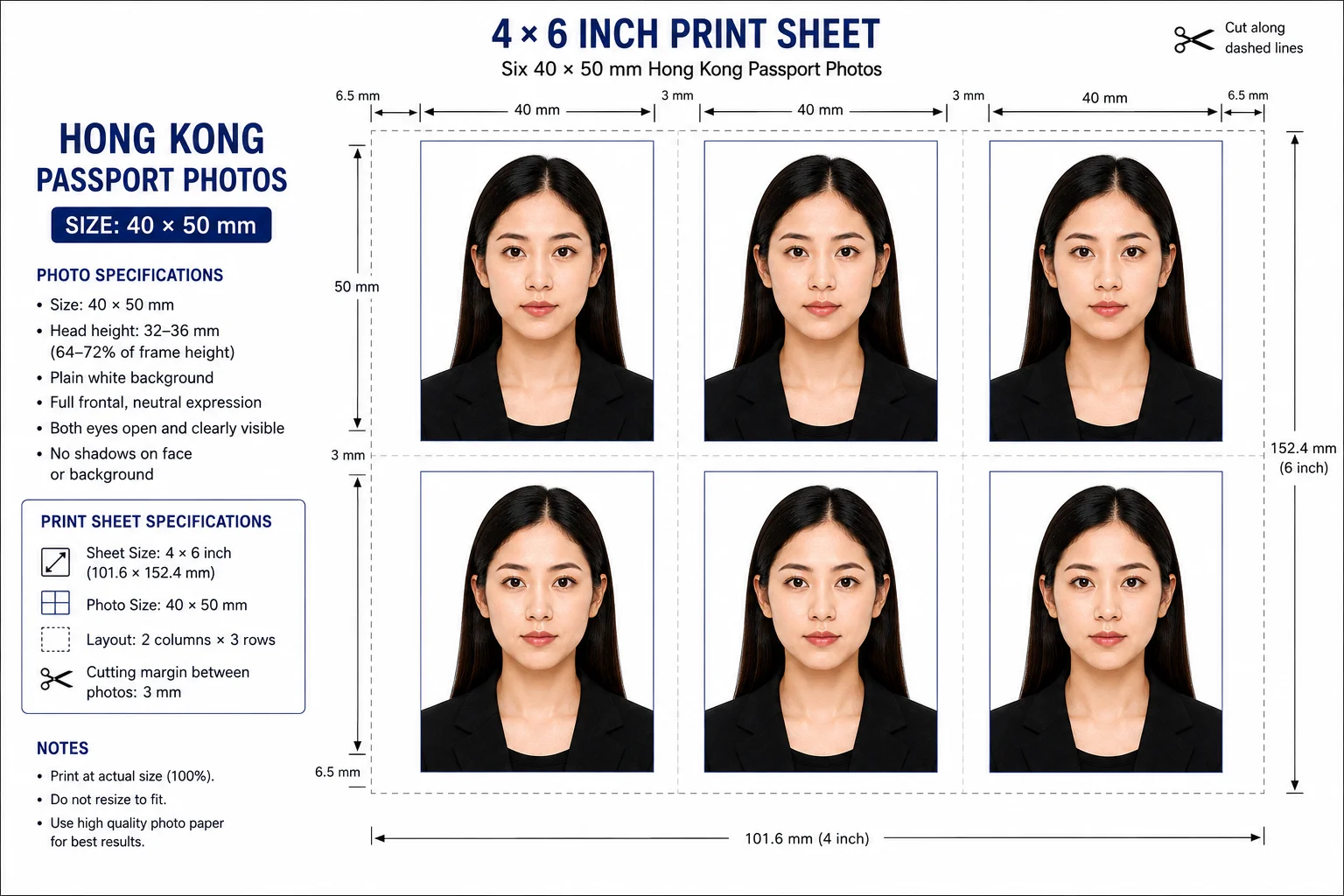 Six 40 by 50 mm Hong Kong passport photos arranged in a two by three grid on a 4 by 6 inch print sheet with dashed cut lines