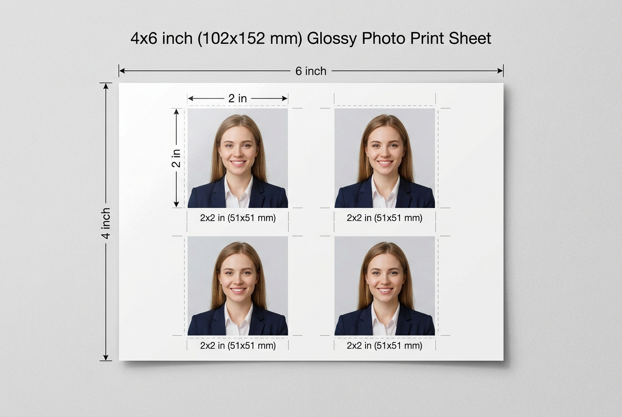 Six 2 by 2 inch US passport photos arranged in a two by three grid on a 4 by 6 inch print sheet with dashed cut lines