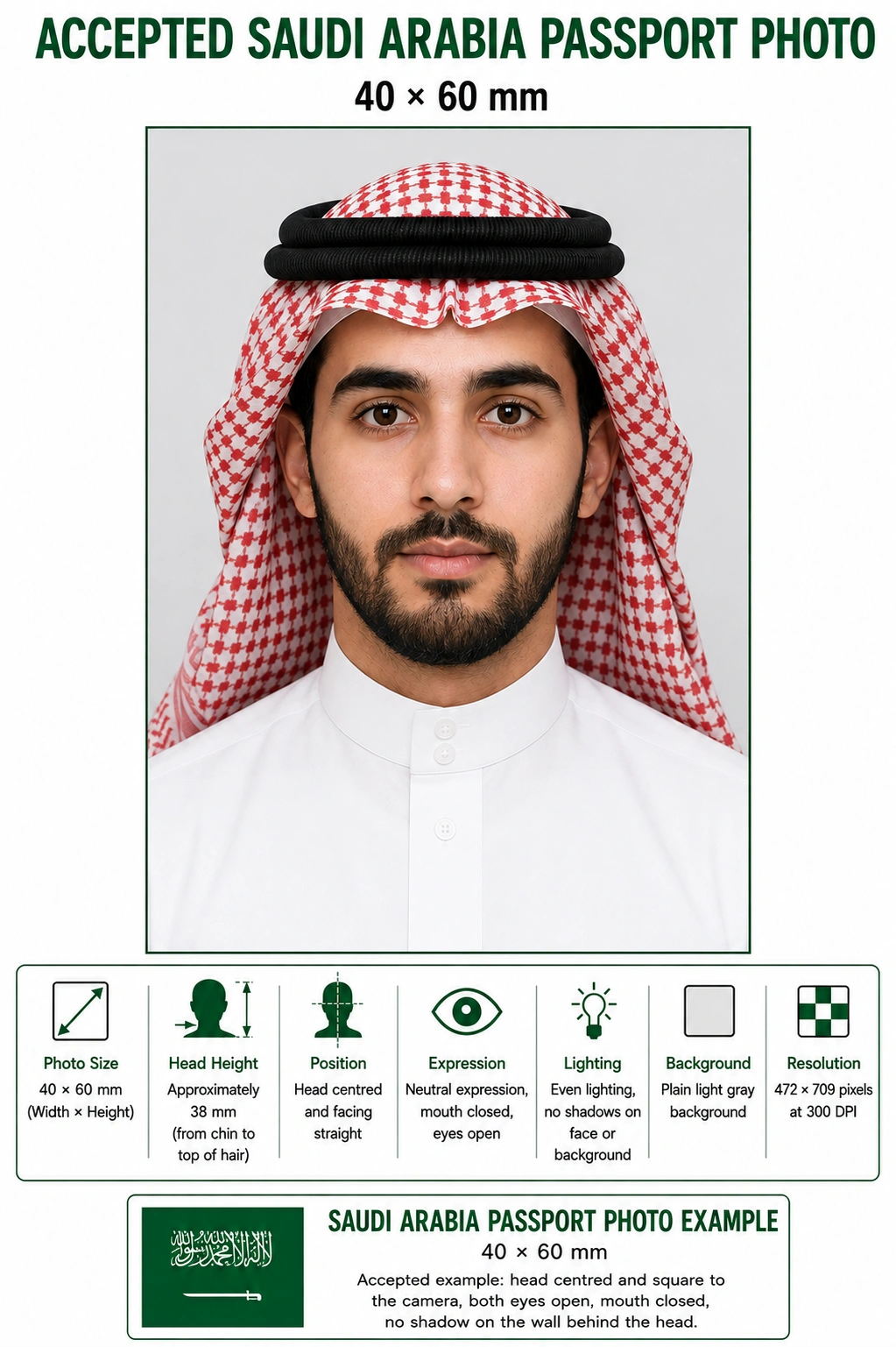 Accepted Saudi Arabia passport photo example at 40 by 60 mm with a neutral expression and an even light gray background