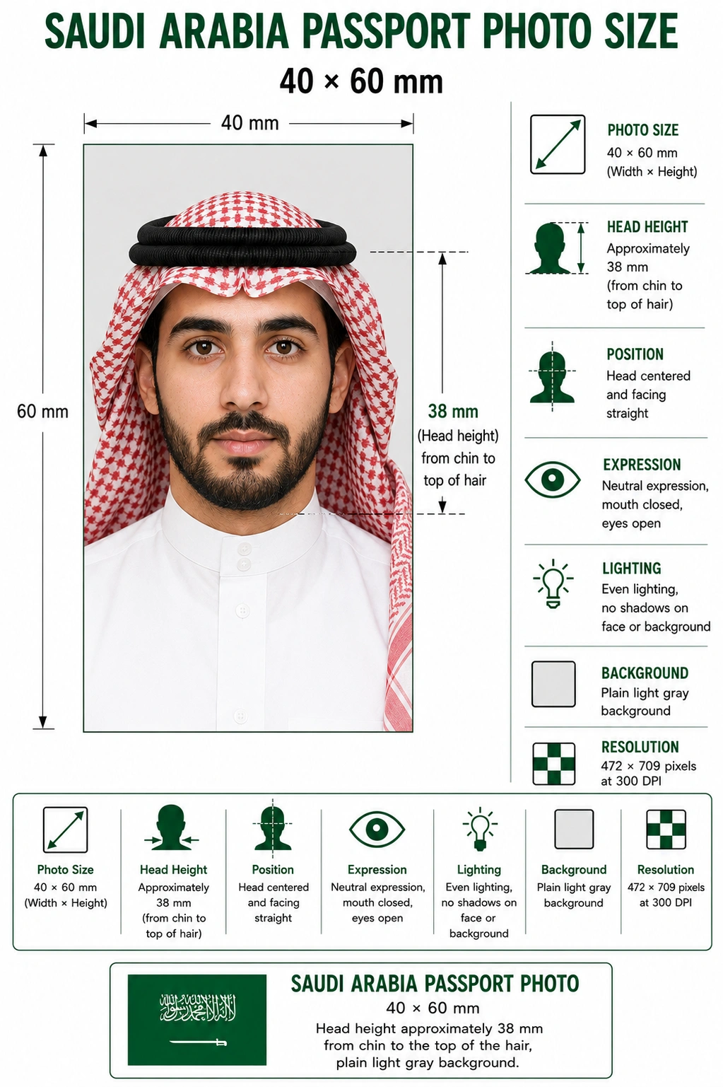 Saudi Arabia passport photo size diagram showing a 40 by 60 mm frame with a 38 mm head height on a light gray background
