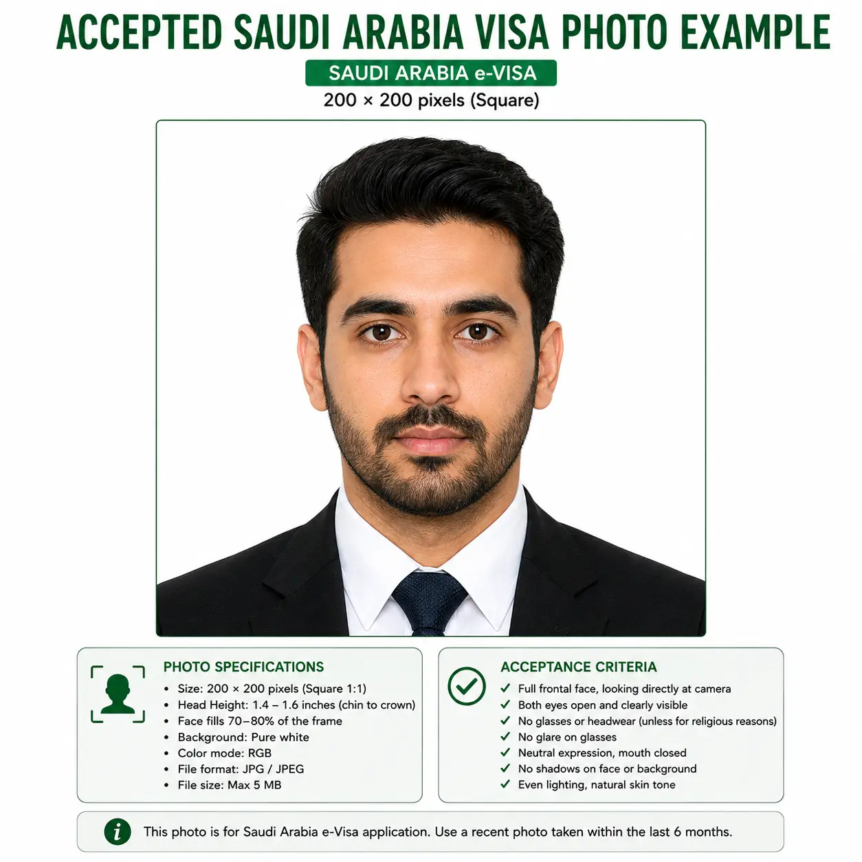 Accepted Saudi Arabia visa photo example with a neutral expression, both eyes open, no glasses glare and an even pure white background