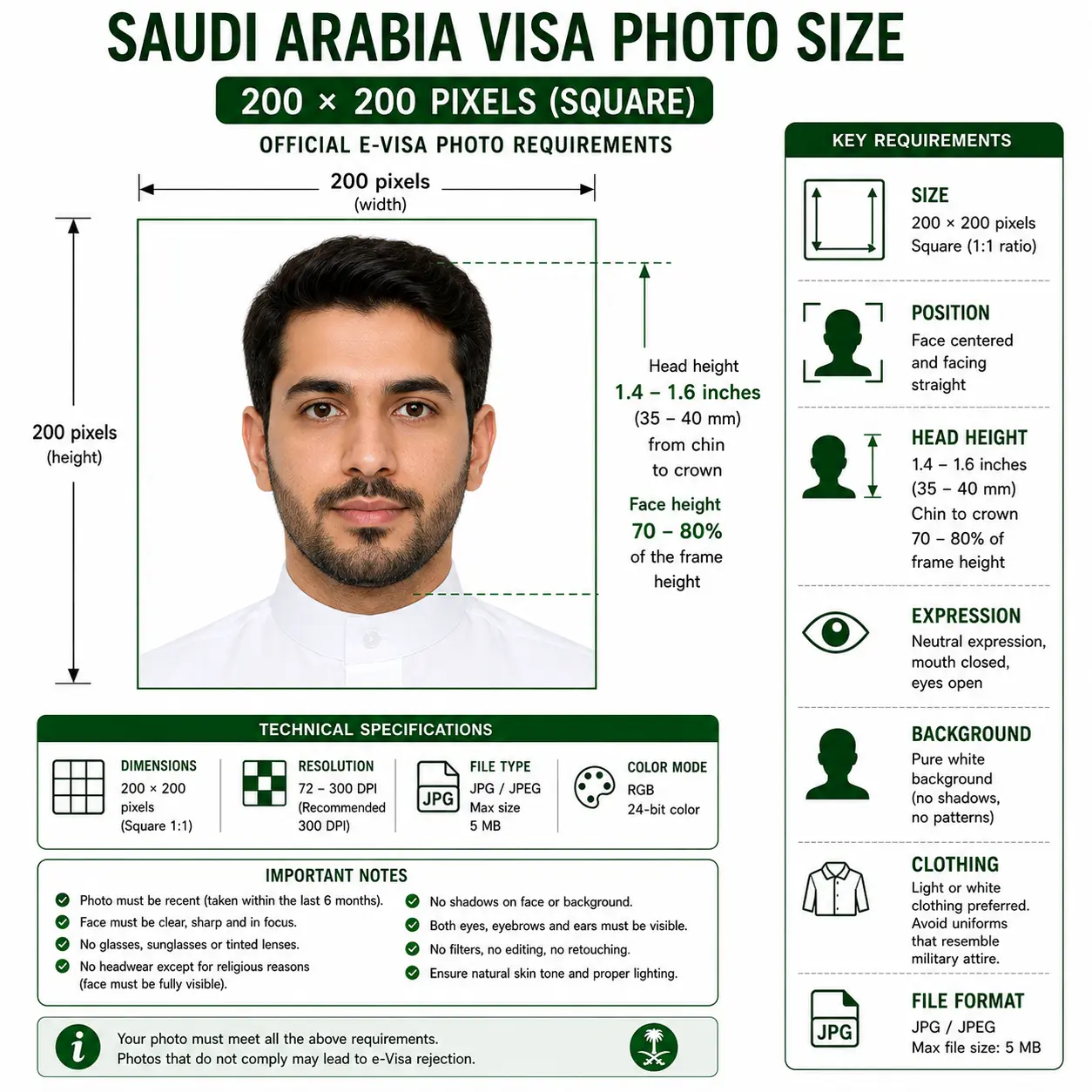 Saudi Arabia visa photo size diagram showing a 200 by 200 pixel square frame with the face filling 70 to 80 percent and head height 1.4 to 1.6 inches chin to crown