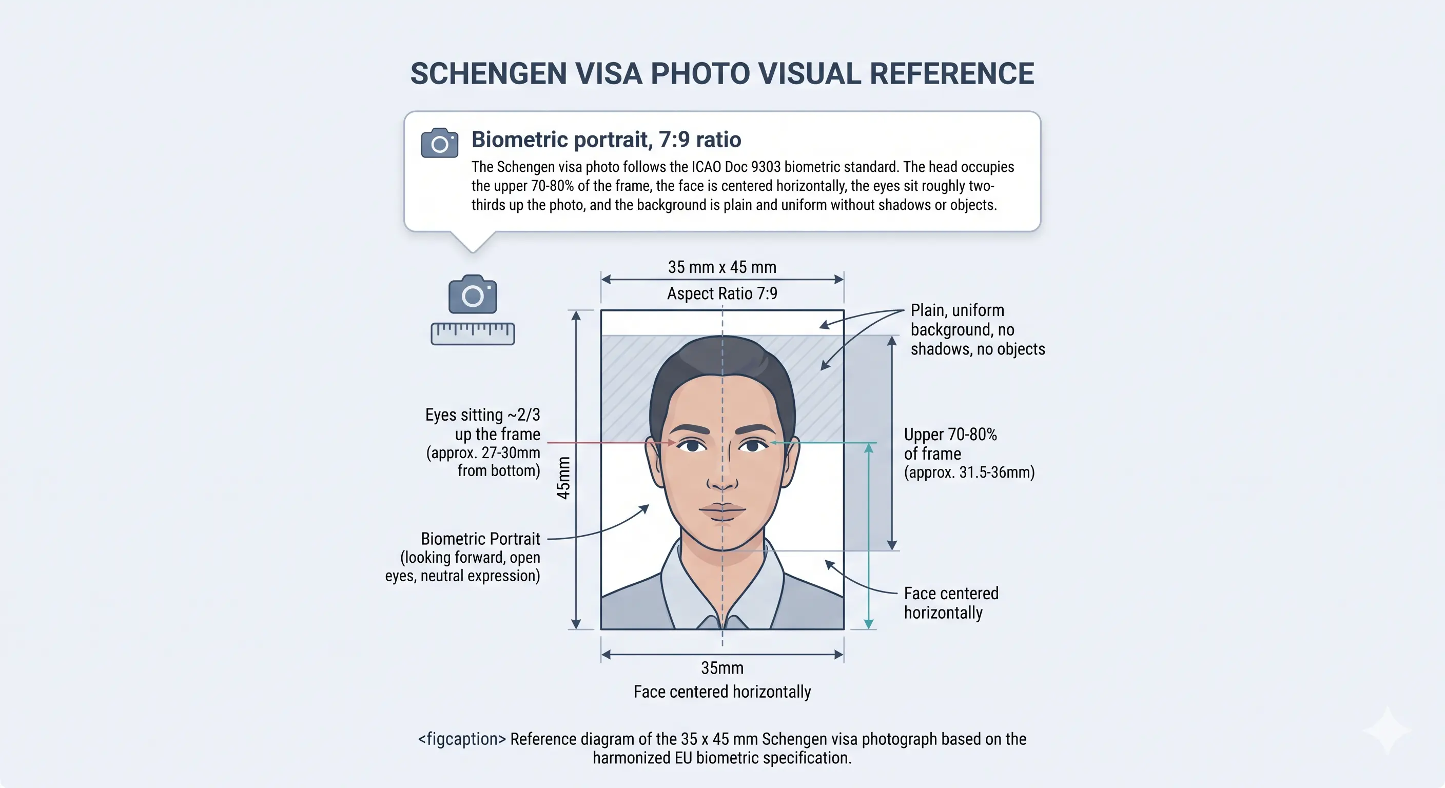 Schengen visa photo requirements diagram 35x45 mm biometric framing