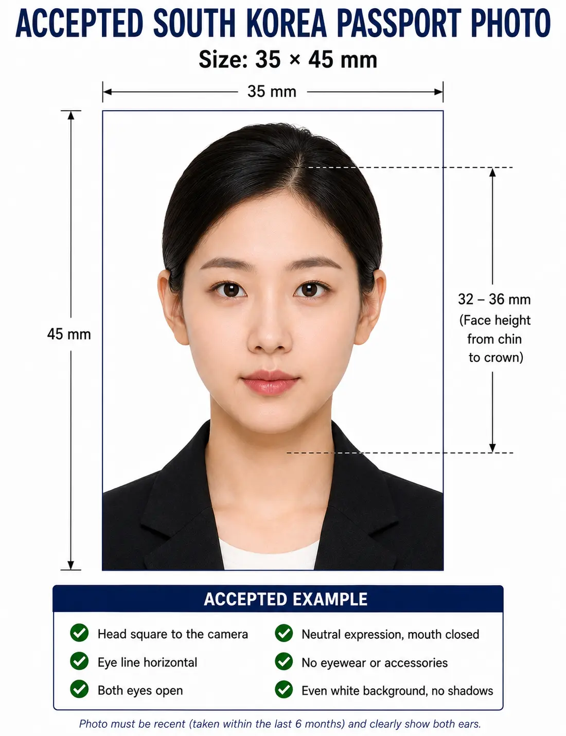 Accepted South Korea passport photo example at 35 by 45 mm with neutral expression, no glasses and an even white background