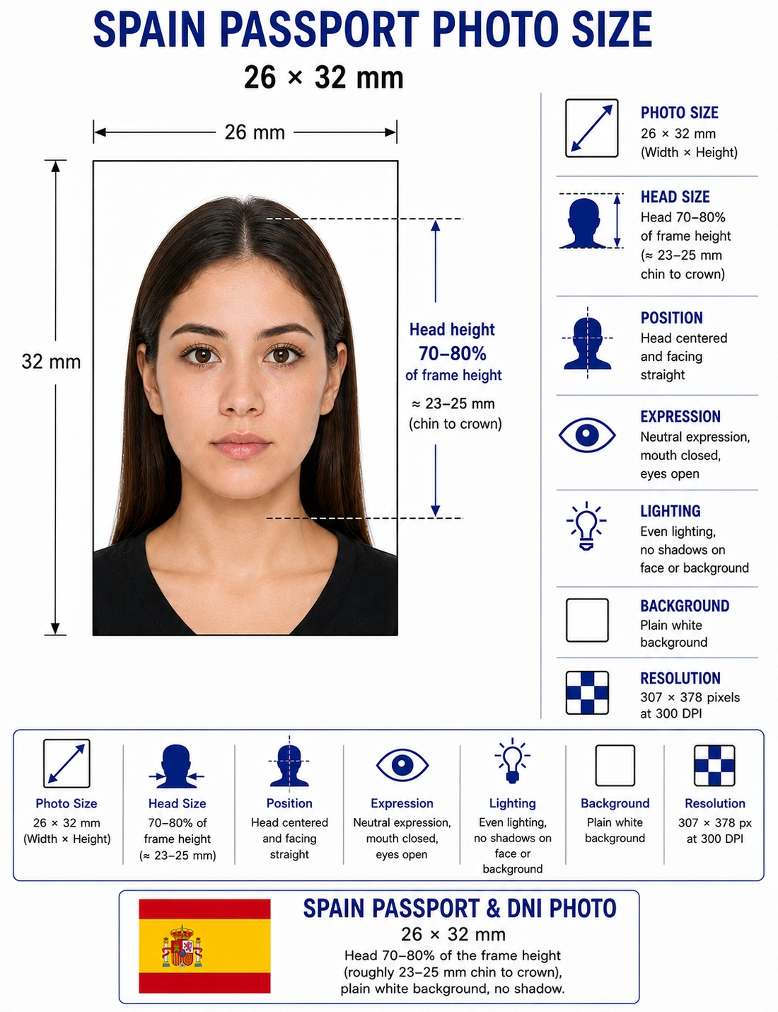 Spain passport photo size diagram showing a 26 mm wide by 32 mm high frame with the head filling 70 to 80 percent of the height on a plain white background