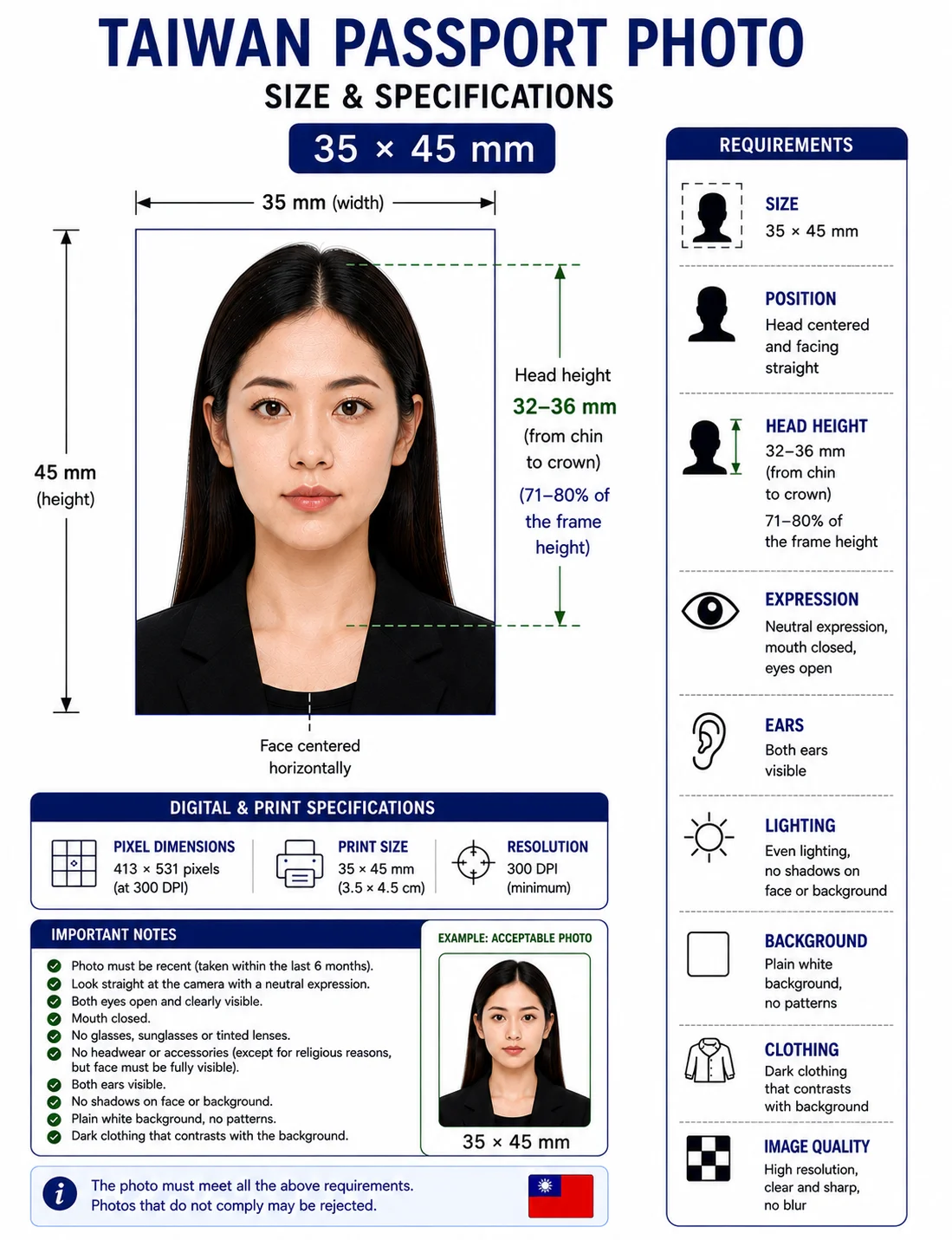 Taiwan passport photo specification diagram marking the 35 by 45 mm frame with a 32 to 36 mm chin-to-crown head height on a plain white background