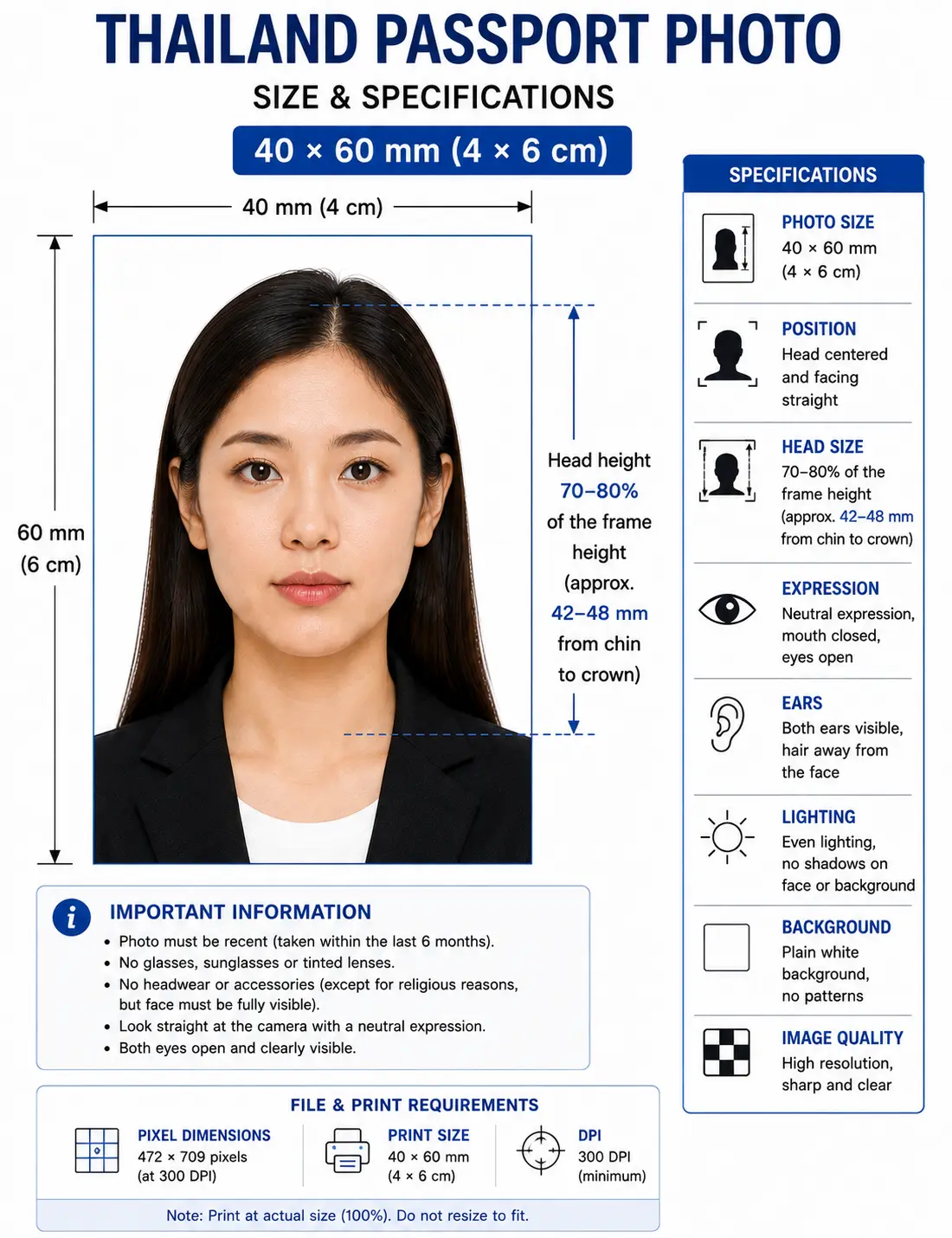 Thailand passport photo size diagram showing a 40 by 60 mm portrait frame with the head filling 70 to 80 percent of the height