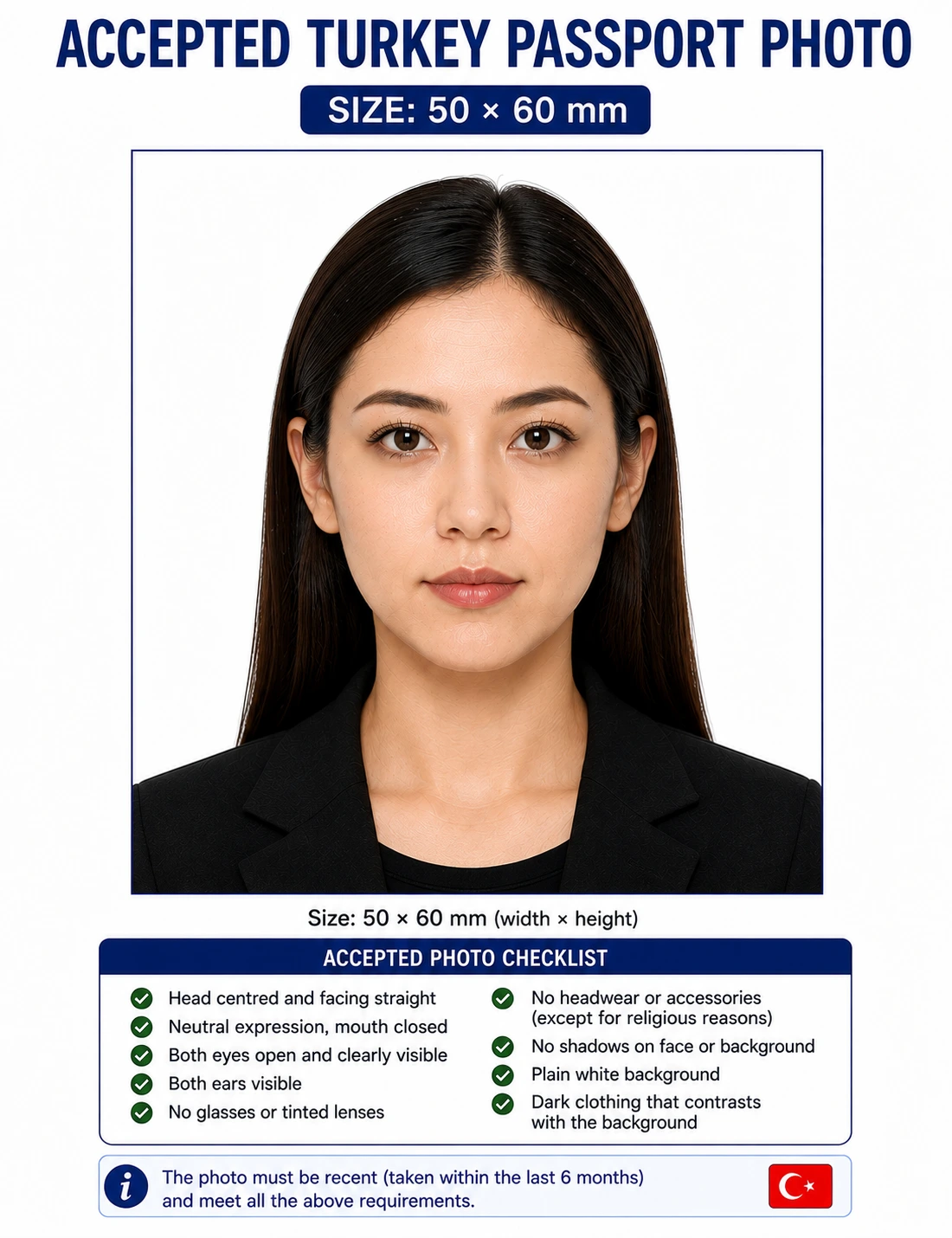 Accepted Turkey passport photo example at 50 by 60 mm with neutral expression, no eyewear and an even white background
