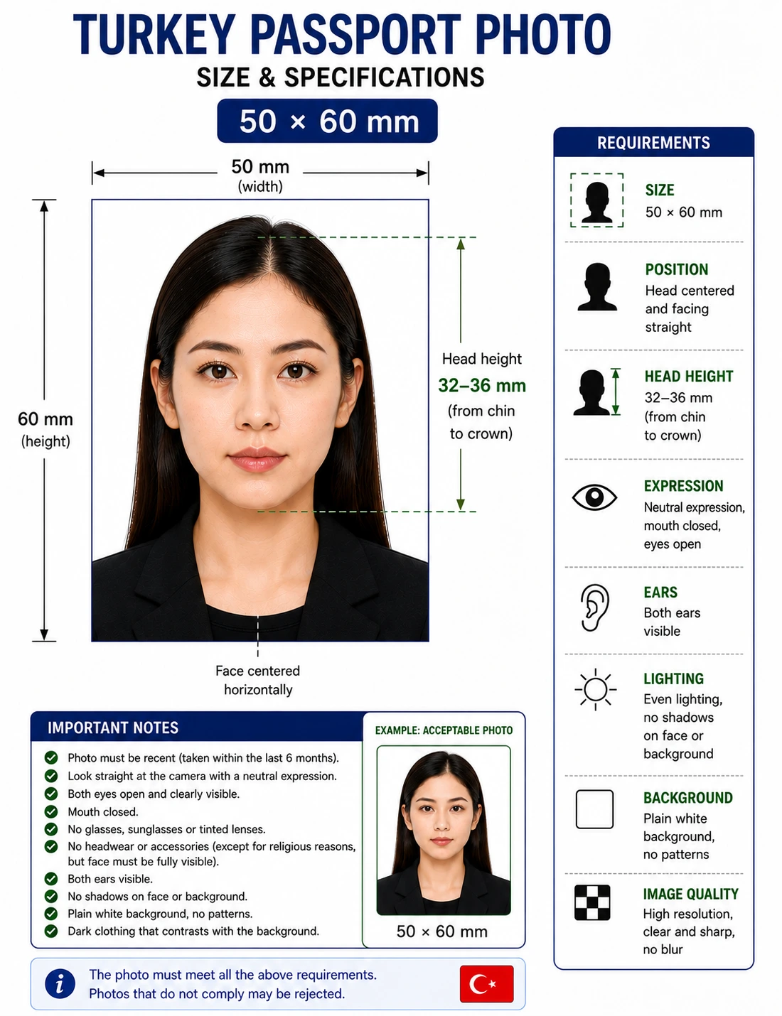 Turkey passport photo size diagram showing a 50 by 60 mm frame with head height 32 to 36 mm on a plain white background