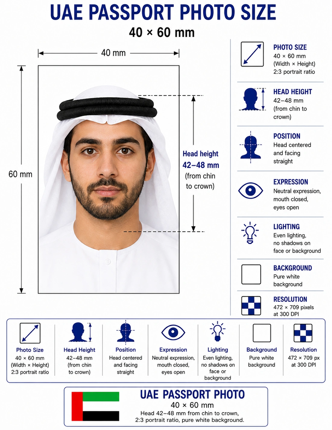 UAE passport photo size diagram showing a 40 by 60 mm frame with head height 42 to 48 mm on a pure white background