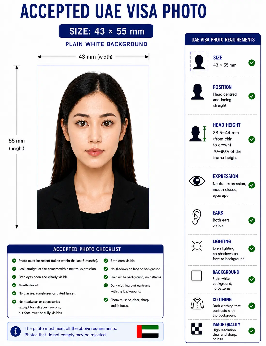 Accepted UAE visa photo example at 43 by 55 mm with neutral expression, no glasses and an even white background