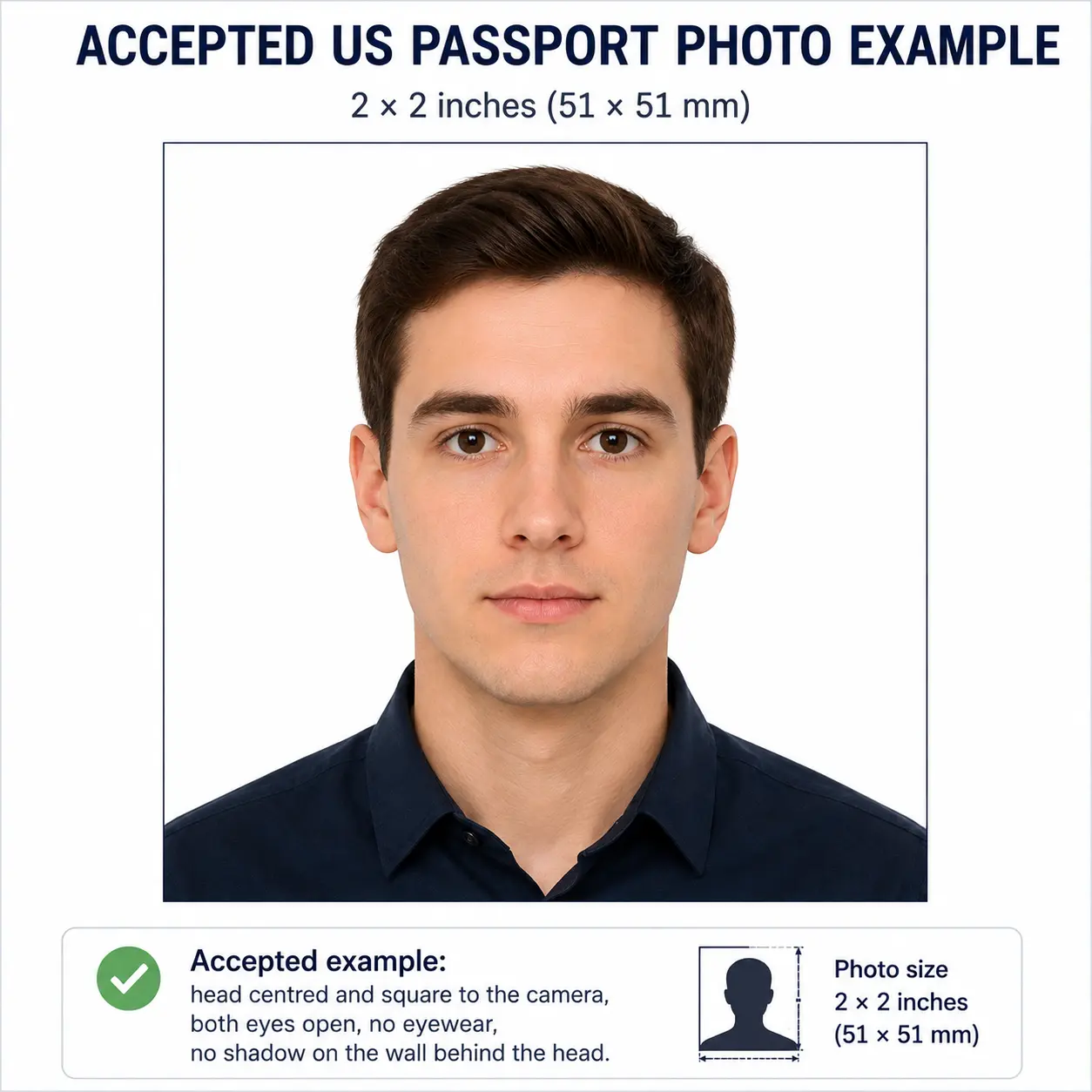 Accepted passport photo example showing even front lighting, no shadow behind the head, a plain background, a neutral expression, both eyes open and no eyewear